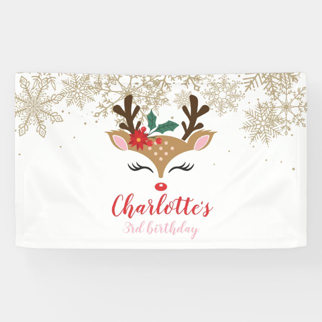 Banderoles Christmas Reindeer Anniversaire Gold Snowflakes (Horizontal)