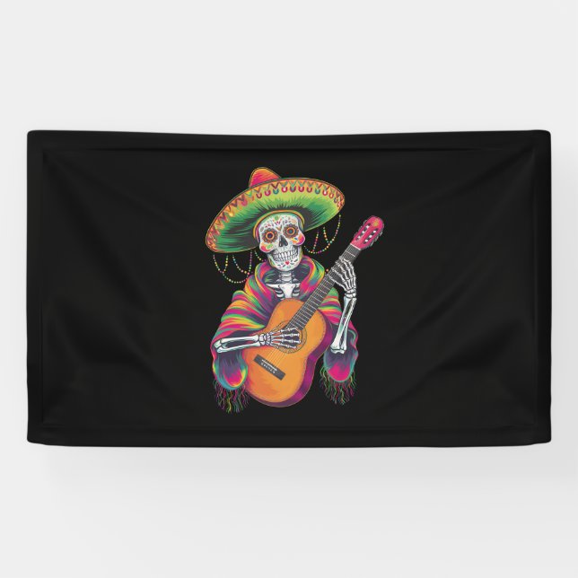 Banderoles Cinco De Mayo Skeleton Skull Fiesta Guitare (Horizontal)