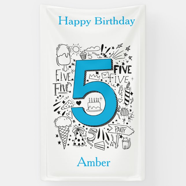 Banderoles CINQ ans 5e carte d'anniversaire bleue (Vertical)