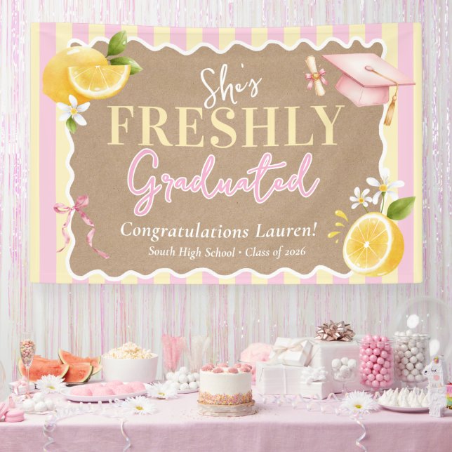 Banderoles Citrons Fraîchement Diplômés Rayures Roses Graduat (Fête)