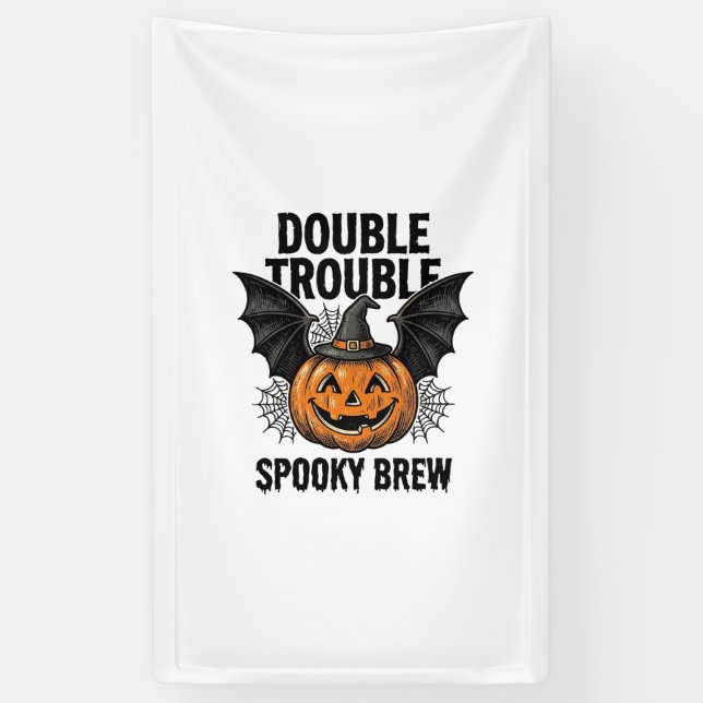 Banderoles Citrouille d'Halloween Sorcière Double Trouble Vin (Vertical)