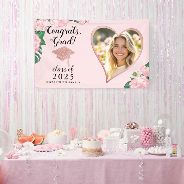 Banderoles Classe 2025 Grad Photo Blush Rose Floral Graduatio (Fête)