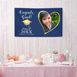 Banderoles Classe 2025 Photo Blue Gold White Graduation