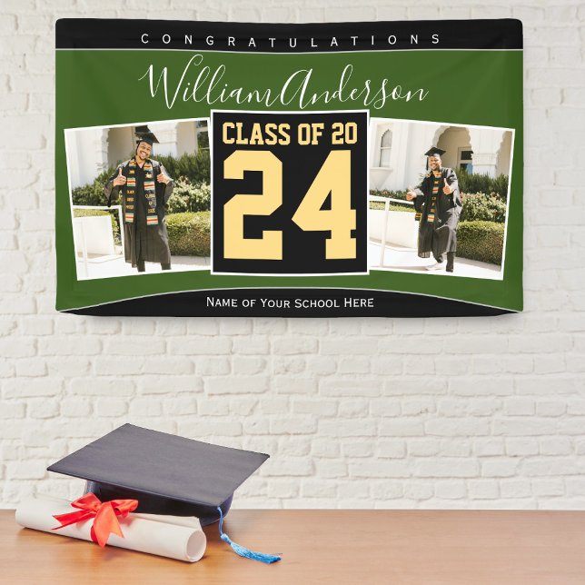 Banderoles Classe de 2024 Green Black & Gold Graduation Photo (Créateur téléchargé)