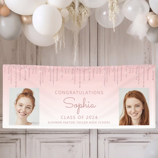 Banderoles Classe de 2024 Parties scintillant rose 2-Photo Gr (Créateur téléchargé)