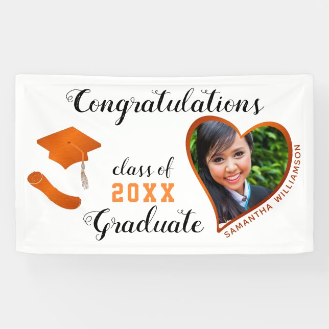Banderoles Classe de 2025 Grad Photo White & Orange Graduatio (Horizontal)