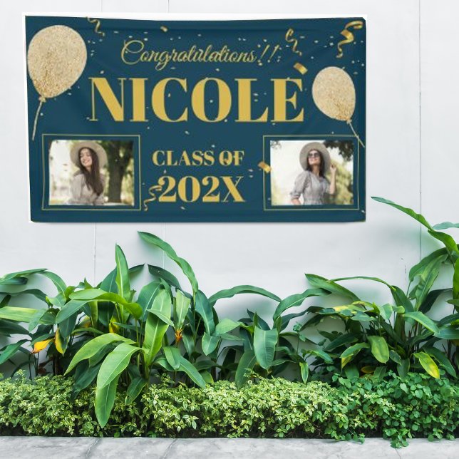 Banderoles Classe De Ballons Bleus Or 2023 - Graduation Photo (Class Of 2024 Blue Gold Balloon Photo Graduation Banner)