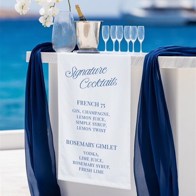 Banderoles Cocktails de signature de mariage de script bleu c (Classic Blue Script Wedding Signature Cocktails Banner)
