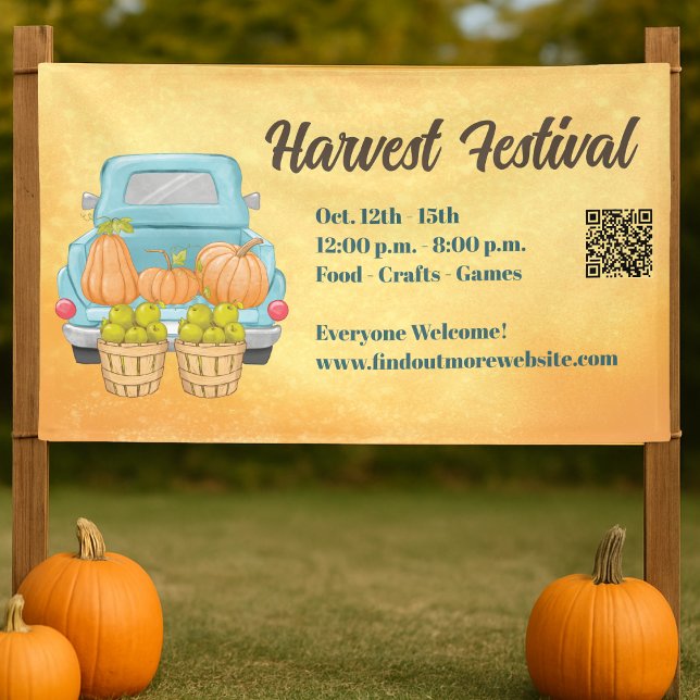 Banderoles Code QR Citrouille d'Automne Festival de la Récolt (ChatGPT said:

Harvest Festival banner with pumpkins, truck, and QR code for easy access to event de)