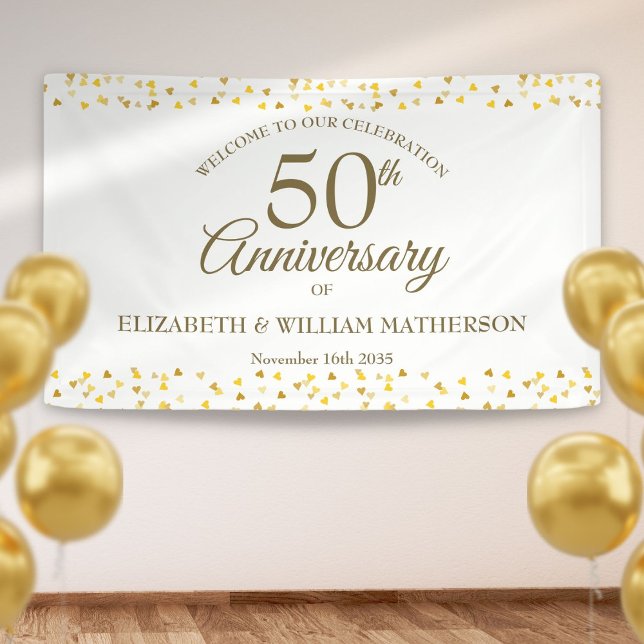 Banderoles Cœurs d'amour dorés pour 50e anniversaire de maria (50th Anniversary Golden Love Hearts Welcome Banner)