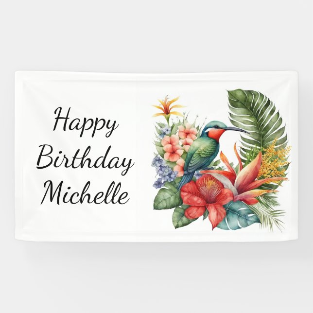 Banderoles Colibri floral tropical Nom de l'anniversaire (Horizontal)