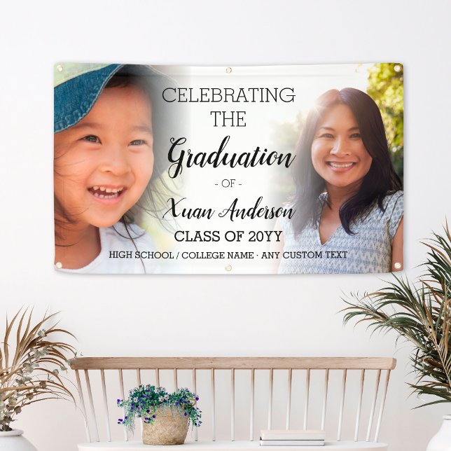 Banderoles Collage de 2 photos personnalisé Graduation de scr (Personalized 2 Photo Collage Script Graduation Banner
)