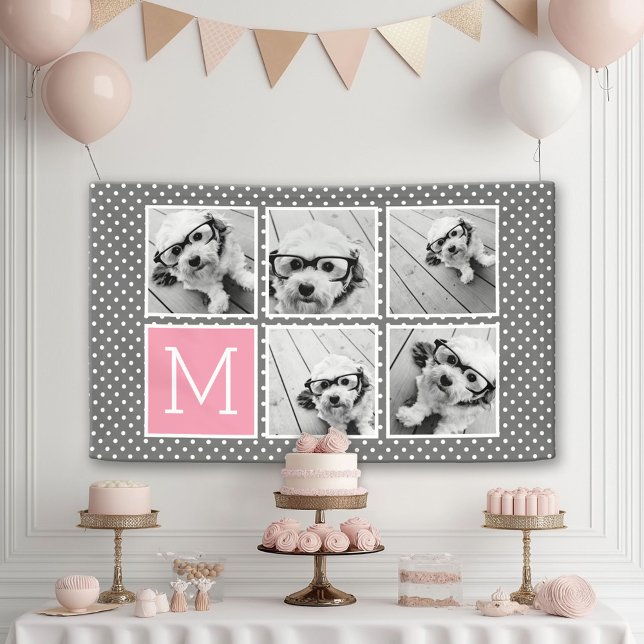 Banderoles Collage de 5 photos de monogramme gris et rose pou (Custom Party Banner)