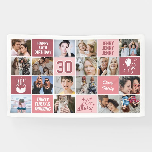 Banderoles Collage photo personnalisé 30e anniversaire Rose c (Horizontal)