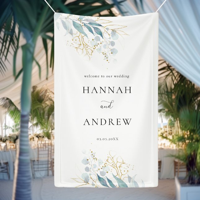 Banderoles Collection de Mariages blancs en or bleu (Imitat) (Elegant Botanical Eucalyptus Blue Gold (Imitat) White Wedding Banner with your Name & Date.)