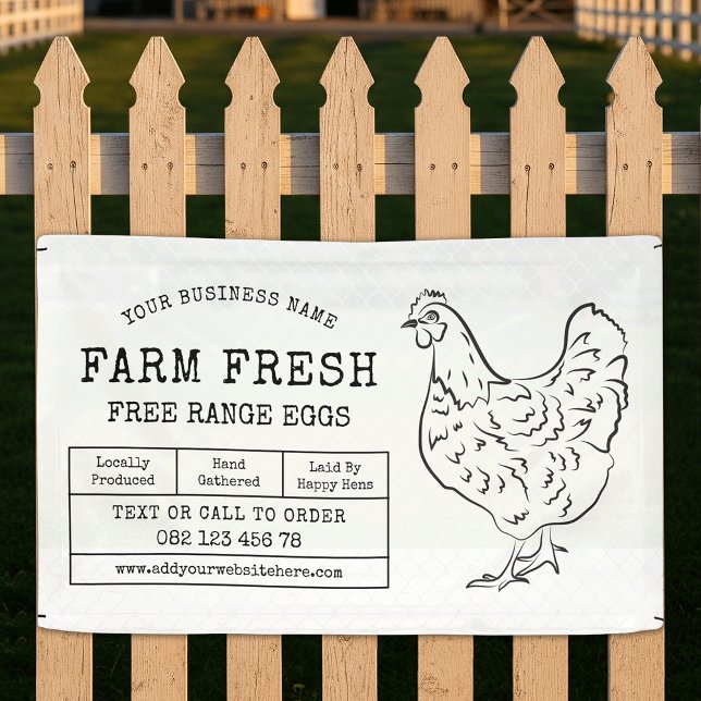 Banderoles Commercialisation des oeufs frais de ferme de lin  (Fresh farm eggs marketing outdoor banner in black and white with rustic fonts & chicken illustration)