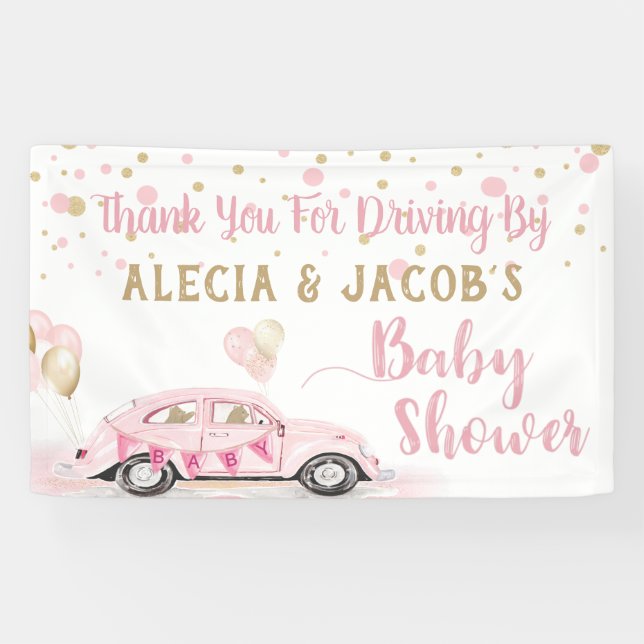 Banderoles Conduire En Voiture Fille Baby shower Merci Rose (Horizontal)