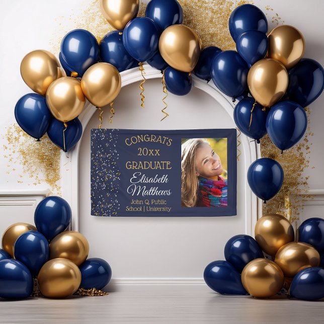 Banderoles Confetti Blue Photo Félicats Graduate Nom de l'éco (Elegant Classy White and Gold Confetti Blue "Congrats Graduate" Graduation Photo Party Banner)