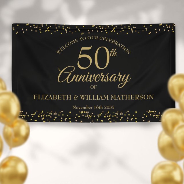 Banderoles Confetti Noir 50e Anniversaire de poussière d'or N (50th Anniversary Black Gold Dust Confetti Welcome Banner)