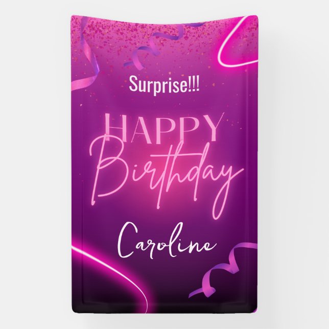 Banderoles Confetti rose pourpre Neon Surprise Joyeux anniver (Verticale)