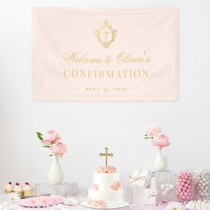Banderoles Confirmation Fille Pink Faux Gold Crest Calligraph