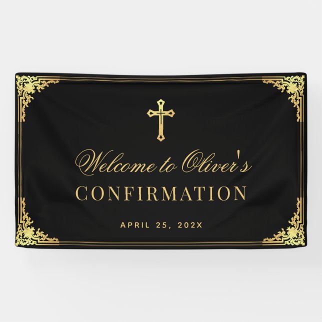 Banderoles Confirmation Garçon Elégant Black Faux Gold Vintag (Horizontal)