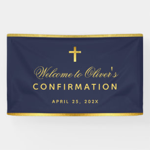 Banderoles Confirmation Garçon Marine Croix Bleue Faux Or Bie