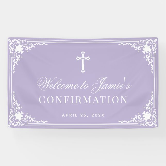 Banderoles Confirmation Lavande Calligraphie Vintage Blanc (Horizontal)