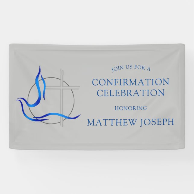 Banderoles Confirmation trendy Blue and Grey Cross Dove (Horizontal)