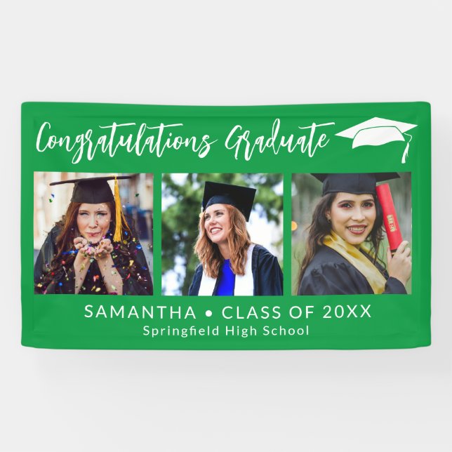 Banderoles Congratulations Grad Cap Green 3 Photo Graduation (Horizontal)
