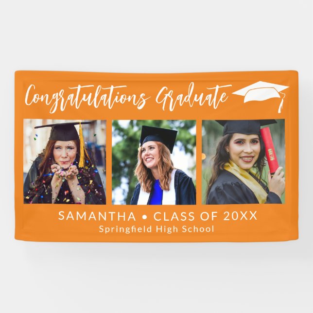 Banderoles Congratulations Grad Cap Orange 3 Photo Graduation (Horizontal)