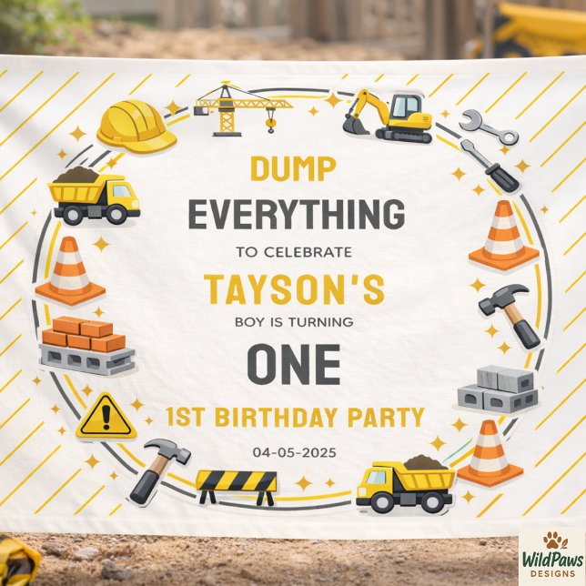 Banderoles Construction 1er Anniversaire | Fête de camion de  (Construction 1ST Birthday | Builder Truck Party Banner)