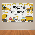 Banderoles Construction Kids Birthday Party Banner<br><div class="desc">Construction themed birthday banner featuring a simple white background,  with cute cartoon illustrations of bunting,  stop signs,  a dump truck,  a digger,  a cement truck,  a wrecking ball crane,  splatters of dirt,  and a happy birthday template that is easy to personalize.</div>