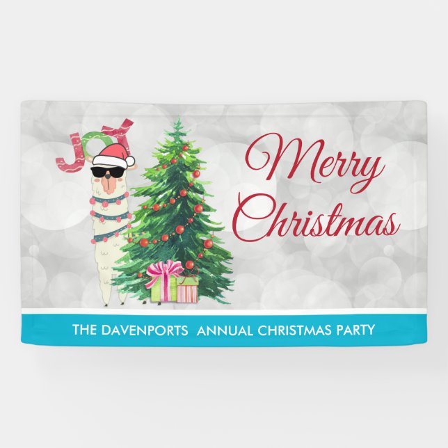Banderoles Cool Llama sur Silver Bokeh & Icy Blue Christmas (Horizontal)