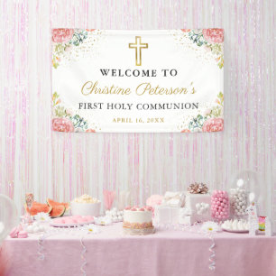 Banderoles Corail rose Élégant Première communion sainte