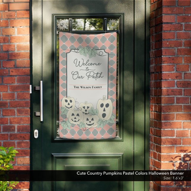 Banderoles Couleurs pastel Citrouilles du Pays mignon Hallowe (Cute Country Pumpkins Halloween Banner–Shown in approx. 1.6' x 3' size. Always Measure your door.)