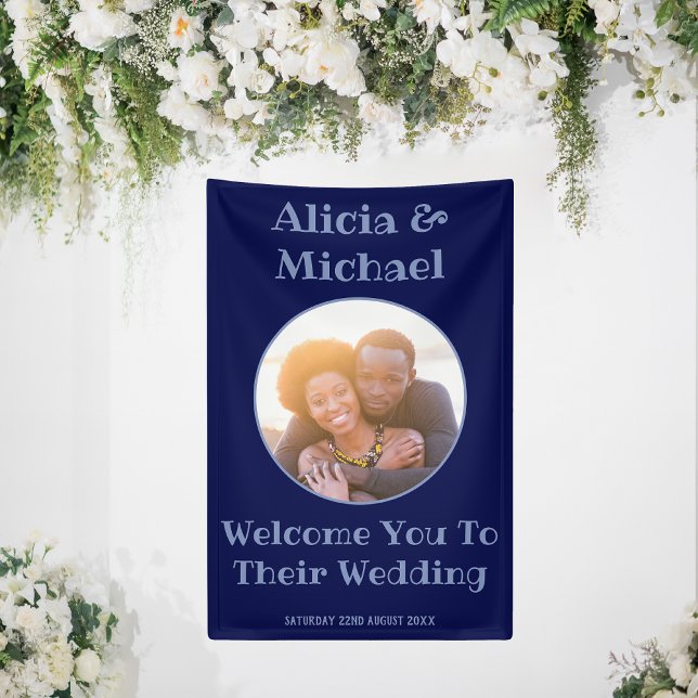 Banderoles Couple Photo Marine Mariage bleu Bienvenue (Wedding Welcome Vertical Banner)