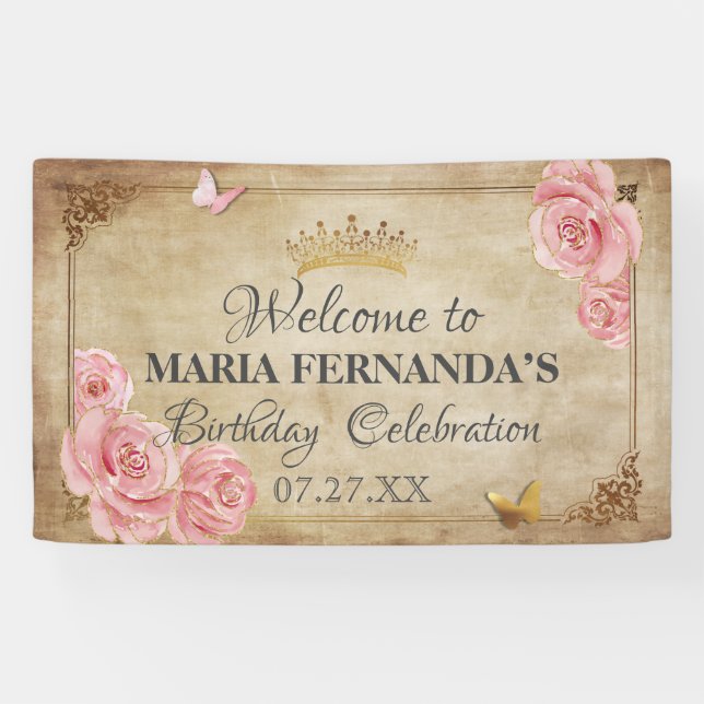 Banderoles Couronne papillon rose blush or Quinceanera (Horizontal)