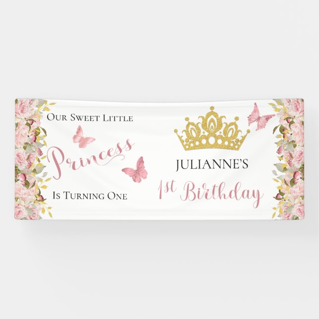 Banderoles Couronne | Papillons Floral Princess 1er anniversa (Horizontal)