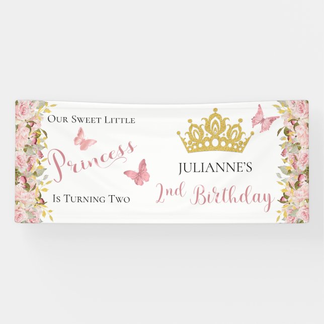 Banderoles Couronne | Papillons Floral Princesse 2e anniversa (Horizontal)