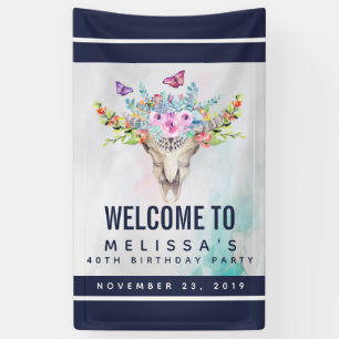 Banderoles Crâne Boho avec papillons et fleurs Anniversaire