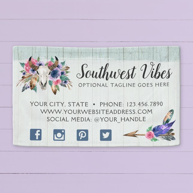 Banderoles Crâne de vache à fleurs rustiques aquarelle bois b (Créateur téléchargé)