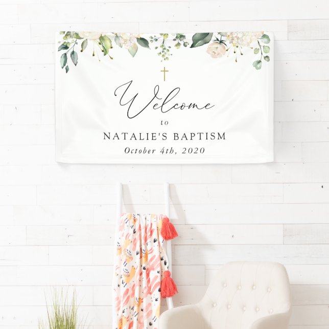 Banderoles Cream White Flowers, Boho, Floral Baptism Welcome (En situation)