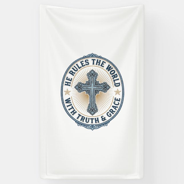 Banderoles Croix Chrétienne Il Règne sur le Monde (Vertical)