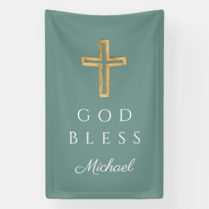 Banderoles Croix religieuse verte élégante Dieu bénisse