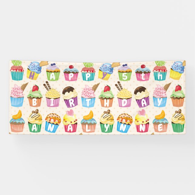 Banderoles Cupcakes Happy Birthday Ajouter Votre Nom Cute Goo (Horizontal)