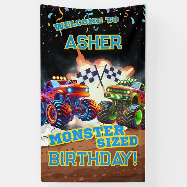 Banderoles Custom Cool Monster Truck Boys Birthday (Vertical)