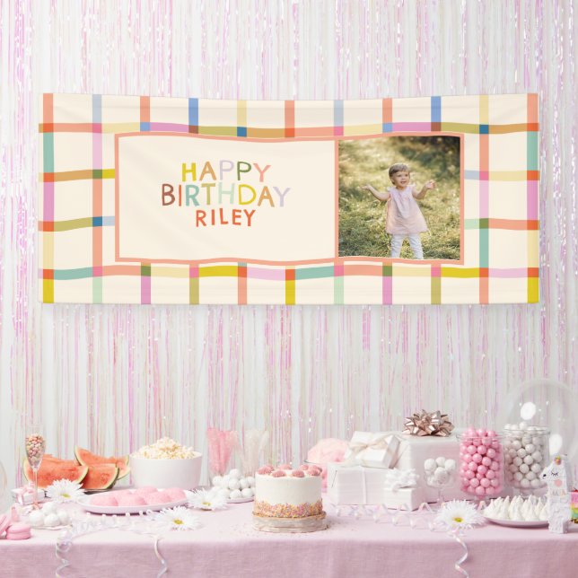 Banderoles Custom Name Colourful Modern Plaid Birthday Photo (Fête)