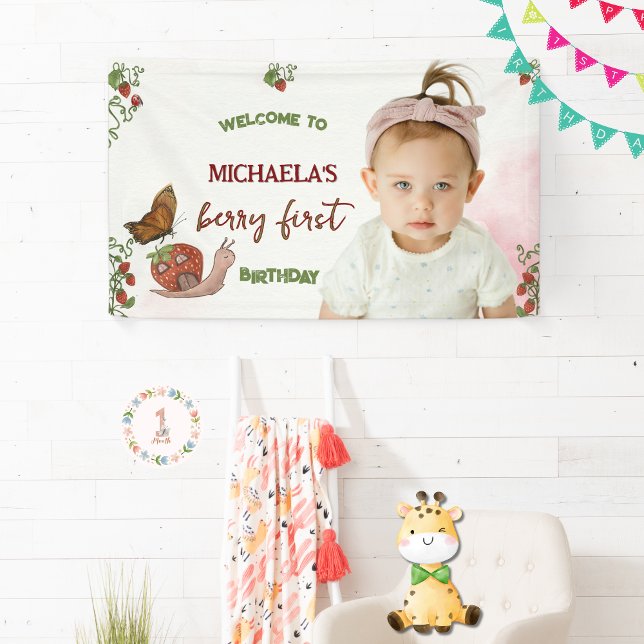 Banderoles Custom Photo Strawberry 1st Birthday Welcome Sign  (Custom Photo Strawberry 1st Birthday Welcome Sign )