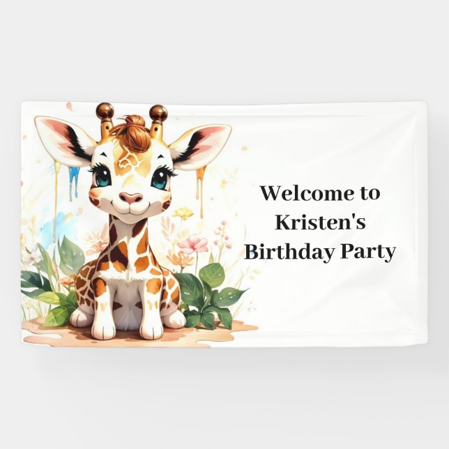 Banderoles Cute Aquarelle Giraffe Personnalisée Anniversaire (Horizontal)
